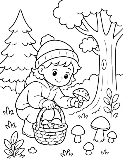 Coloriage gratuit à imprimer : La cueillette des champignons
