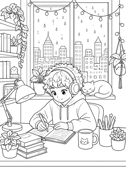 Coloriage gratuit à imprimer : Devoirs sous la pluie