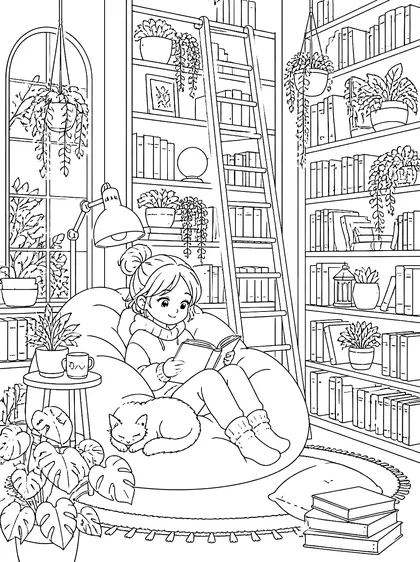 Coloriage gratuit à imprimer : La bibliothèque magique