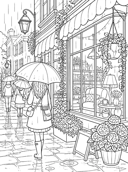 Coloriage gratuit à imprimer : La ville sous la pluie