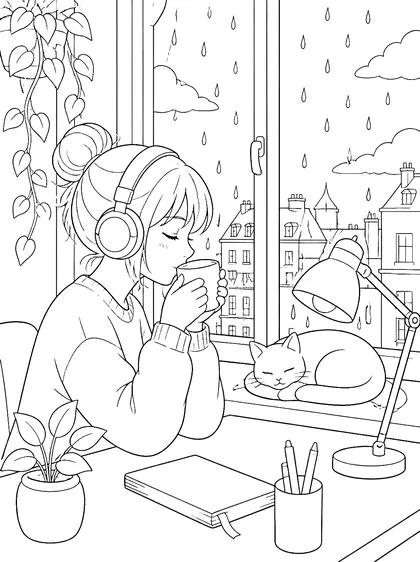 Coloriage gratuit à imprimer : Café sous la pluie